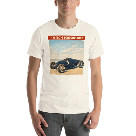 Nystrom Performance belly tank racer t-shirt featuring a 1950s dry lakes land speed car on a Bonneville-style salt flat