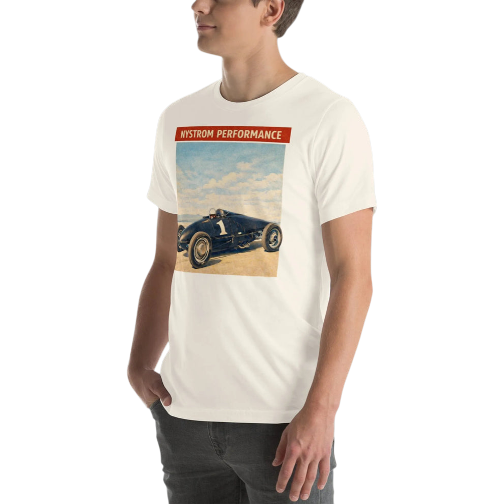 Classic 1950s land speed racer artwork on white t-shirt – dry lake hot rod lakester design