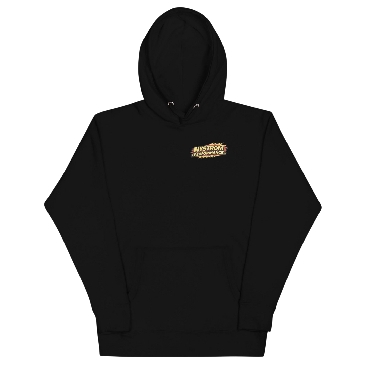 Front view of black Flathead hoodie with small Nystrom Performance logo on chest; part of flathead Ford V8 collection celebrating McCulloch VS57 superchargers and dual Stromberg 97 carburetors
