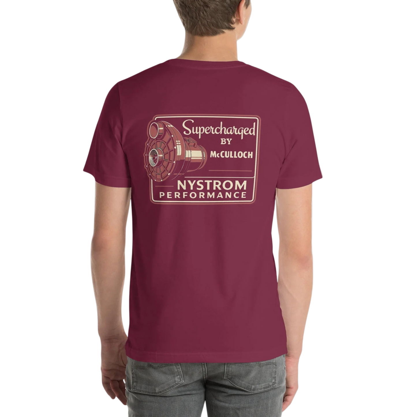 Back view of maroon Supercharged by McCulloch tee featuring VS57 supercharger throwback emblem with McCulloch script and Nystrom Performance logo