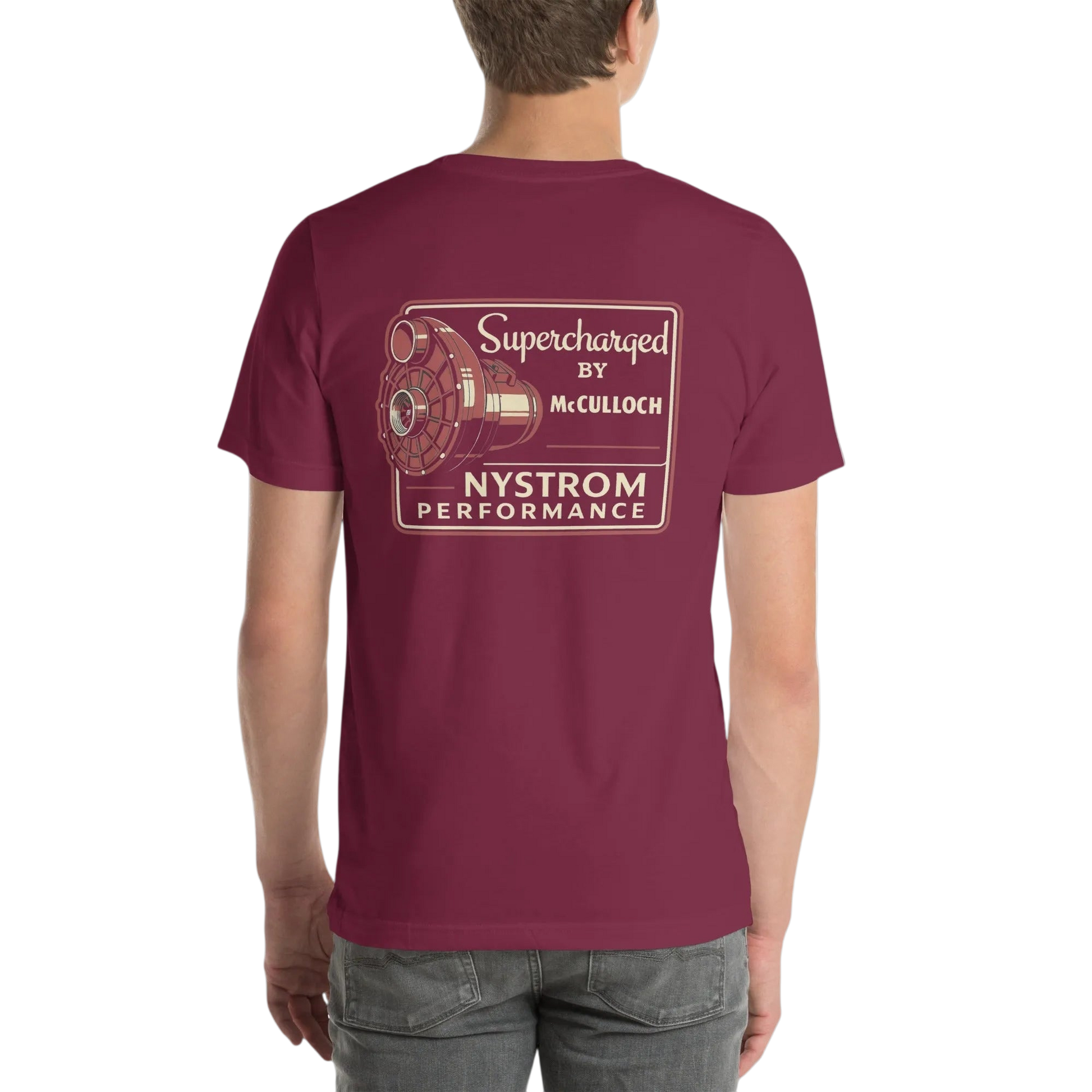 Back view of maroon Supercharged by McCulloch tee featuring VS57 supercharger throwback emblem with McCulloch script and Nystrom Performance logo