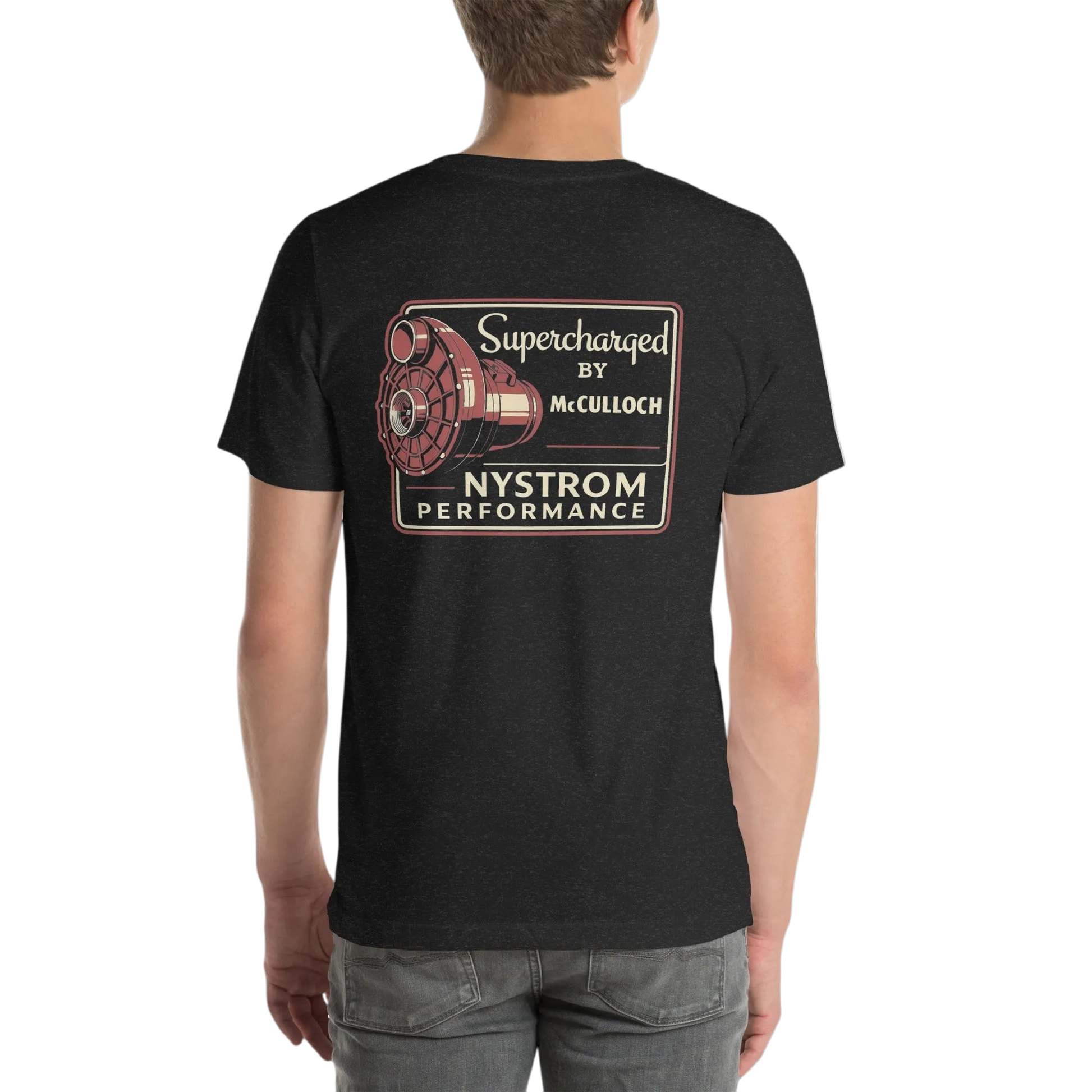 Back view of black Supercharged by McCulloch tee featuring VS57 supercharger throwback emblem with McCulloch script and Nystrom Performance logo
