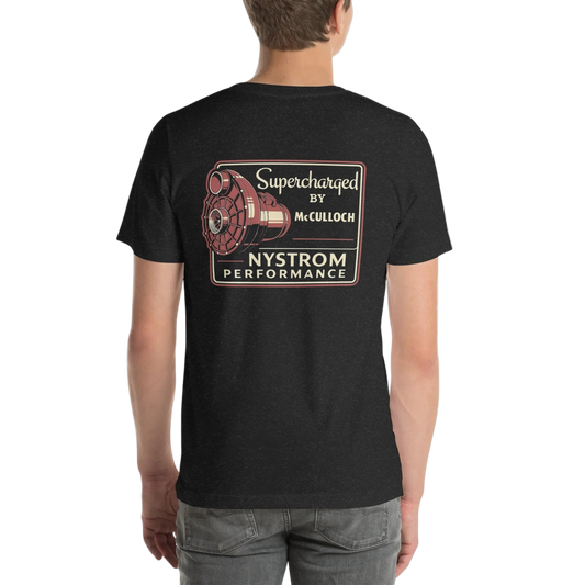 Back view of black Supercharged by McCulloch tee featuring VS57 supercharger throwback emblem with McCulloch script and Nystrom Performance logo