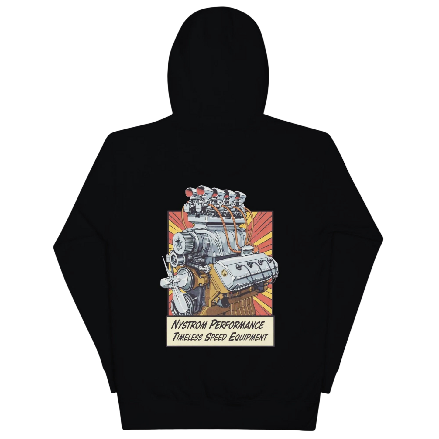 Back view of black Blown Early Hemi hoodie featuring an illustrated early Hemi V8 engine with supercharger and eight Stromberg 97 carburetors; vintage hot rod graphic and Nystrom Performance timeless speed equipment tagline