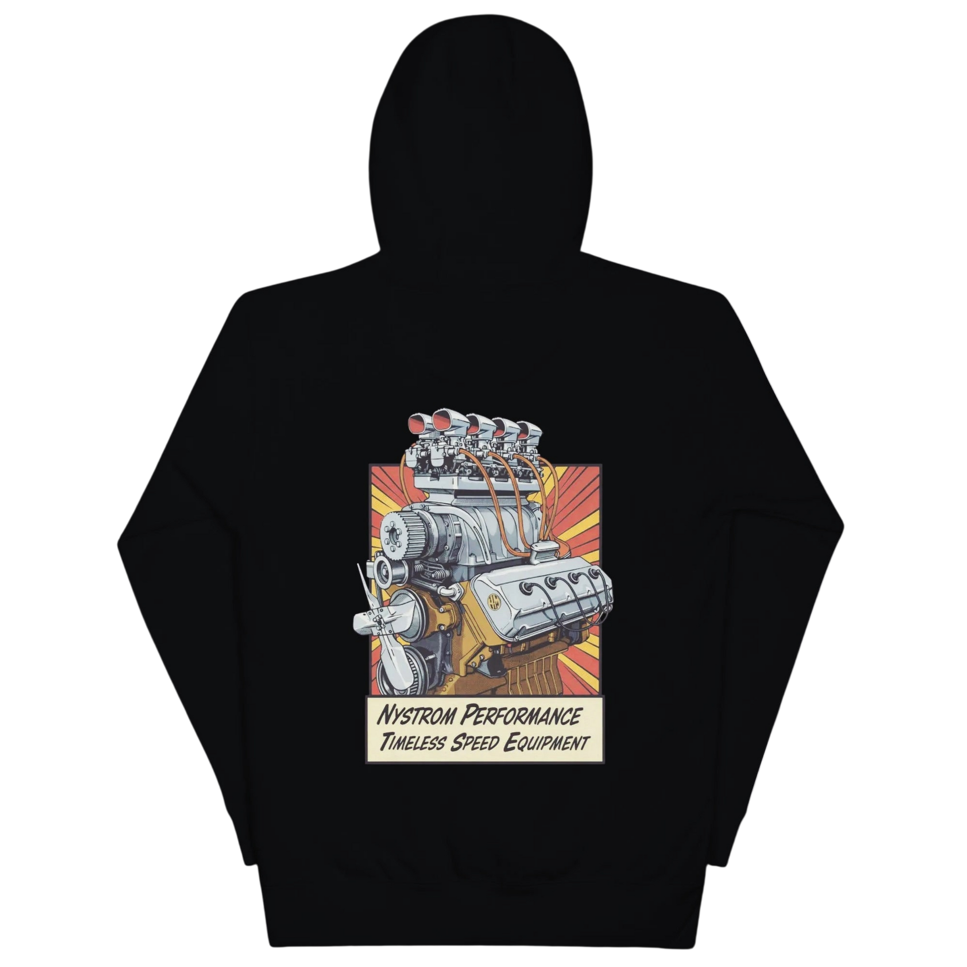 Back view of black Blown Early Hemi hoodie featuring an illustrated early Hemi V8 engine with supercharger and eight Stromberg 97 carburetors; vintage hot rod graphic and Nystrom Performance timeless speed equipment tagline