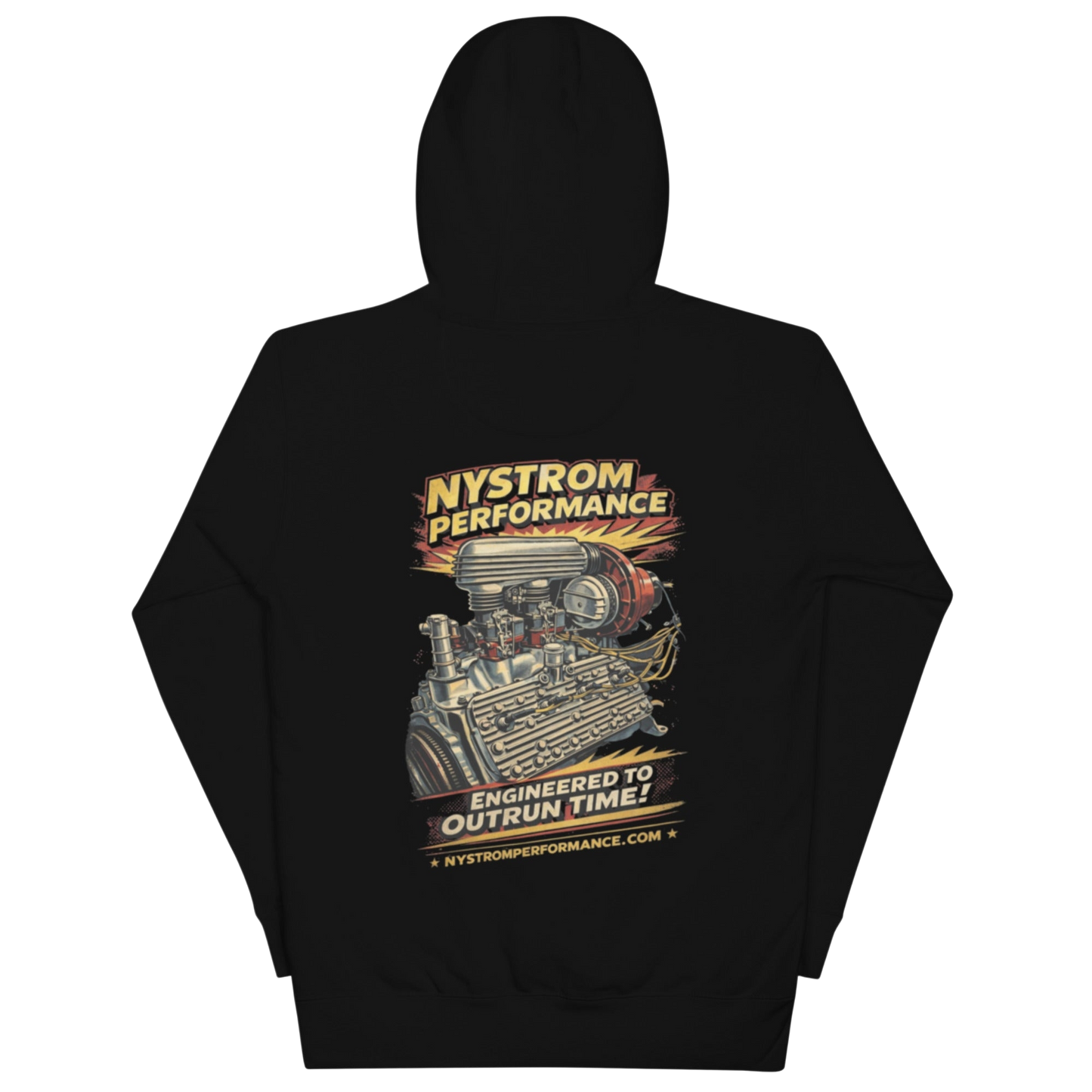 Back view of Flathead hoodie with illustration of a flathead Ford V8 engine topped with a McCulloch VS57 supercharger and dual Stromberg 97 carburetors, vintage hot rod artwork and Nystrom Performance logo