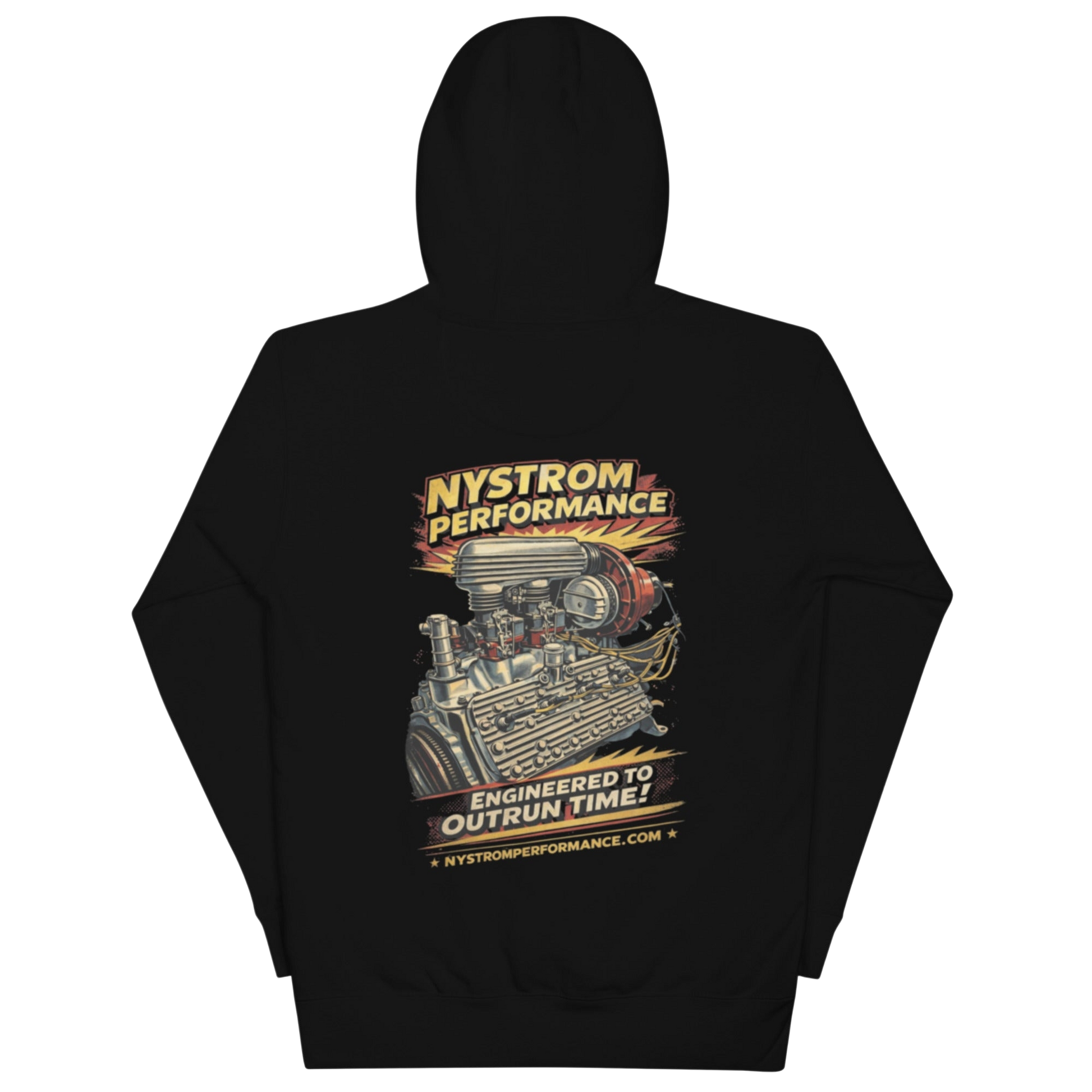 Back view of Flathead hoodie with illustration of a flathead Ford V8 engine topped with a McCulloch VS57 supercharger and dual Stromberg 97 carburetors, vintage hot rod artwork and Nystrom Performance logo