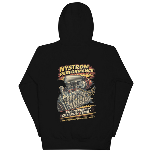 Back view of Flathead hoodie with illustration of a flathead Ford V8 engine topped with a McCulloch VS57 supercharger and dual Stromberg 97 carburetors, vintage hot rod artwork and Nystrom Performance logo