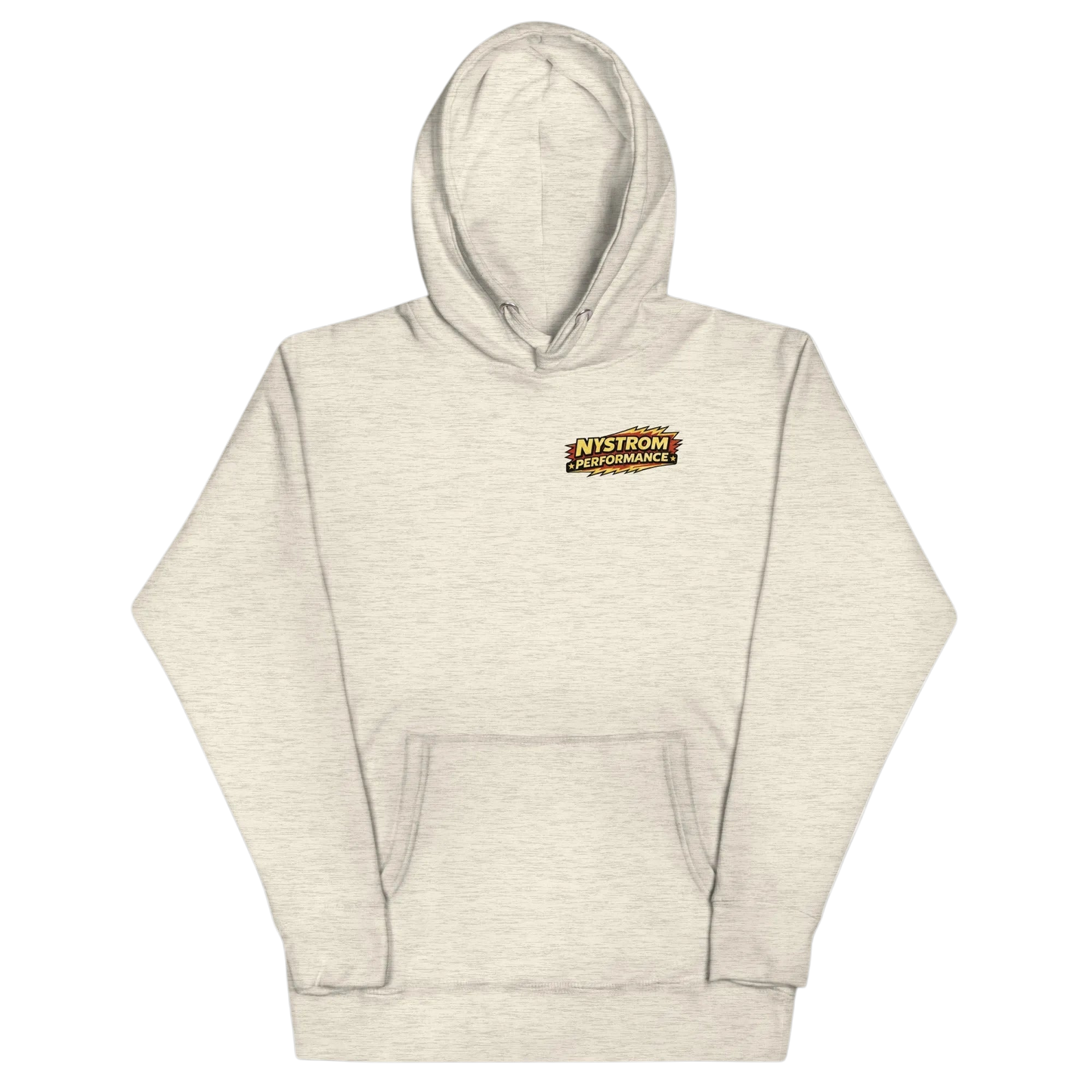 Front view of oatmeal heather Blown Early Hemi hoodie with small Nystrom Performance logo on chest; part of early Hemi hoodie collection celebrating early Hemi engines, vintage hot rods, and supercharged Stromberg 97 carburetors