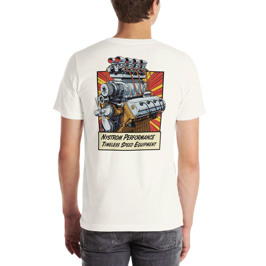 Back view of white Blown Early Hemi t-shirt featuring an illustrated blown early Hemi V8 engine with supercharger and eight Stromberg 97 carburetors; vintage fuel altered hot rod artwork and Nystrom Performance logo
