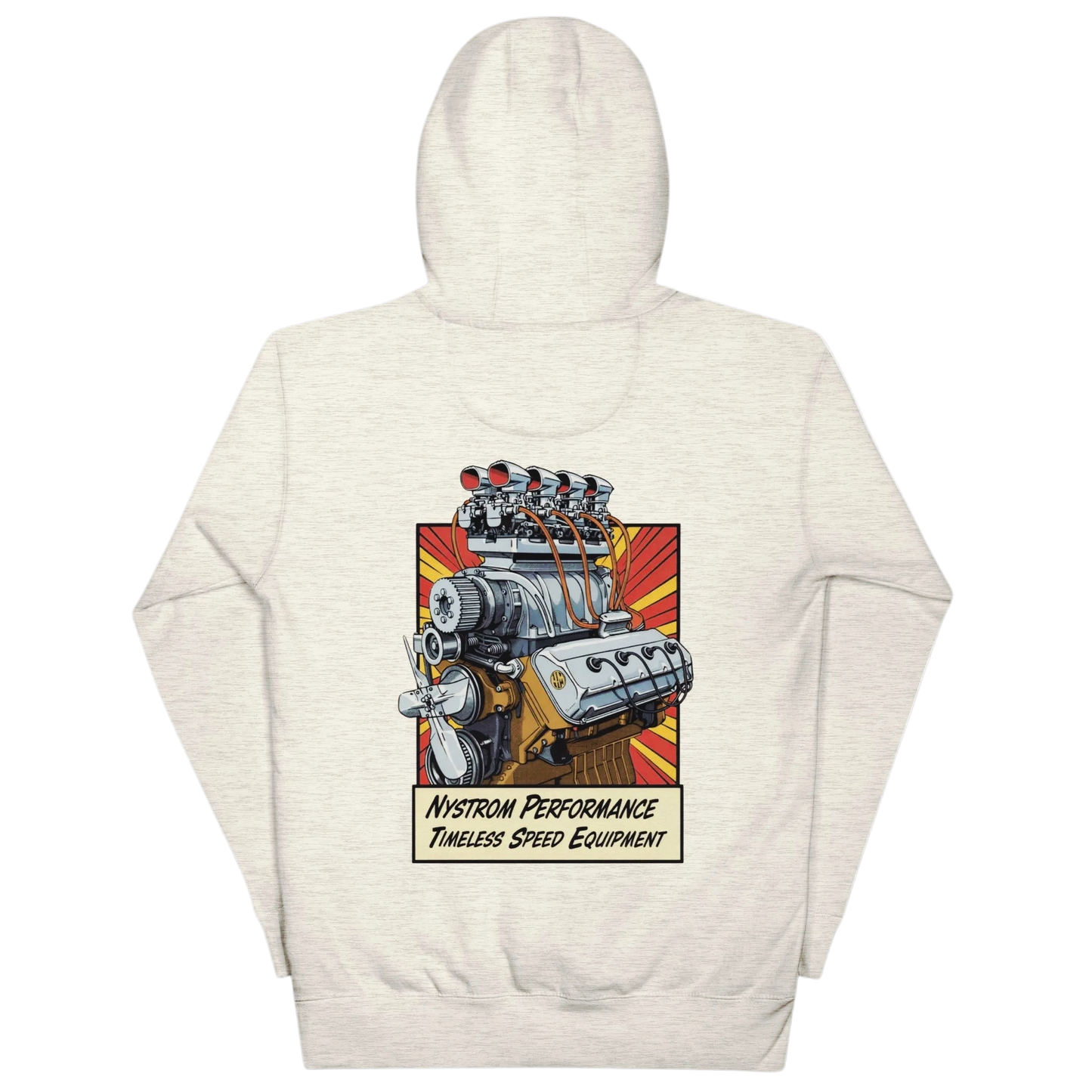 Back view of oatmeal heather Blown Early Hemi hoodie featuring an illustrated early Hemi V8 engine with a supercharger and eight Stromberg 97 carburetors; vintage hot rod graphic and Nystrom Performance timeless speed equipment tagline