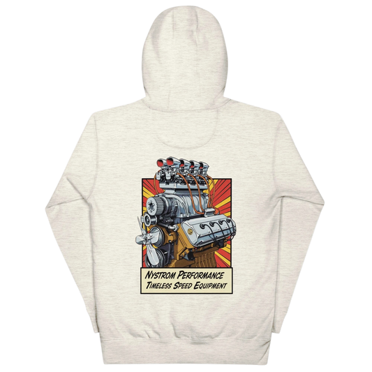 Back view of oatmeal heather Blown Early Hemi hoodie featuring an illustrated early Hemi V8 engine with a supercharger and eight Stromberg 97 carburetors; vintage hot rod graphic and Nystrom Performance timeless speed equipment tagline
