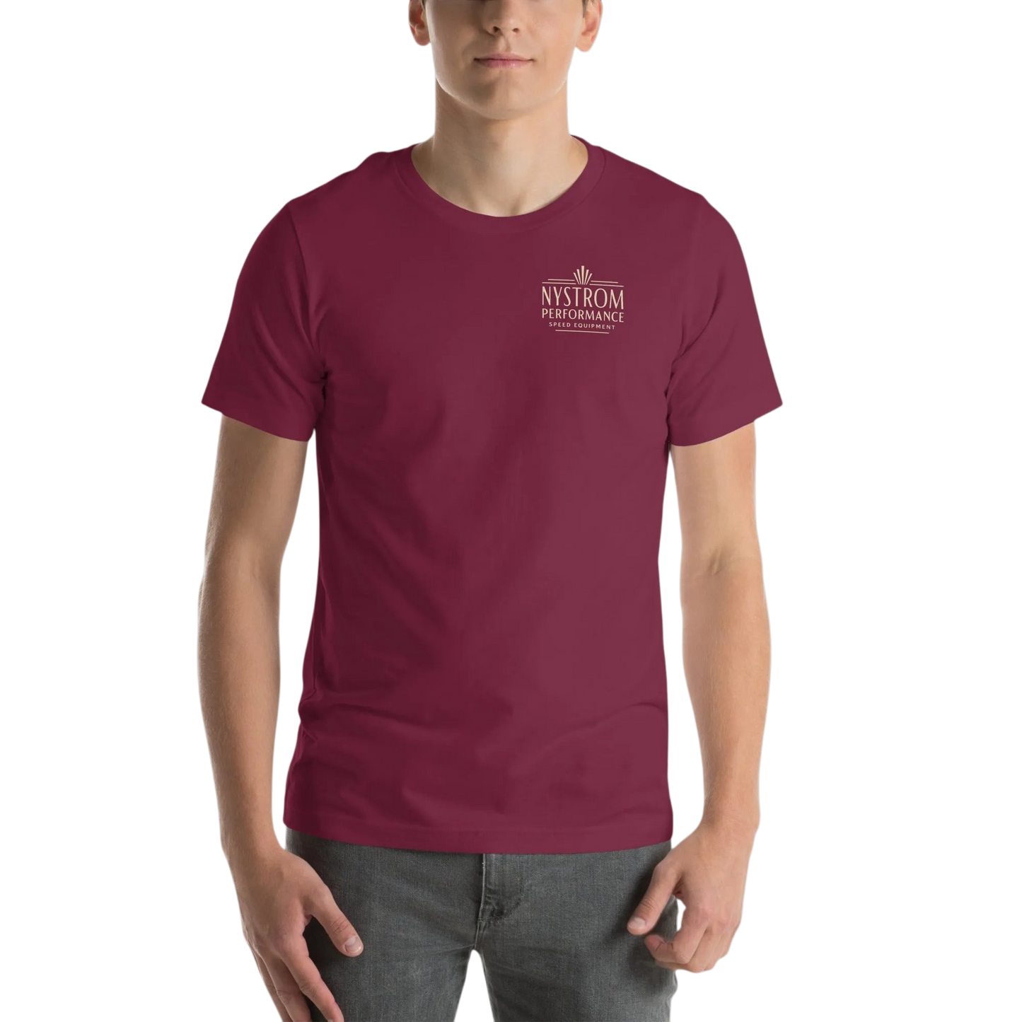 Front view of maroon Supercharged by McCulloch tee featuring small VS57 supercharger script emblem on chest, inspired by vintage supercharger emblem