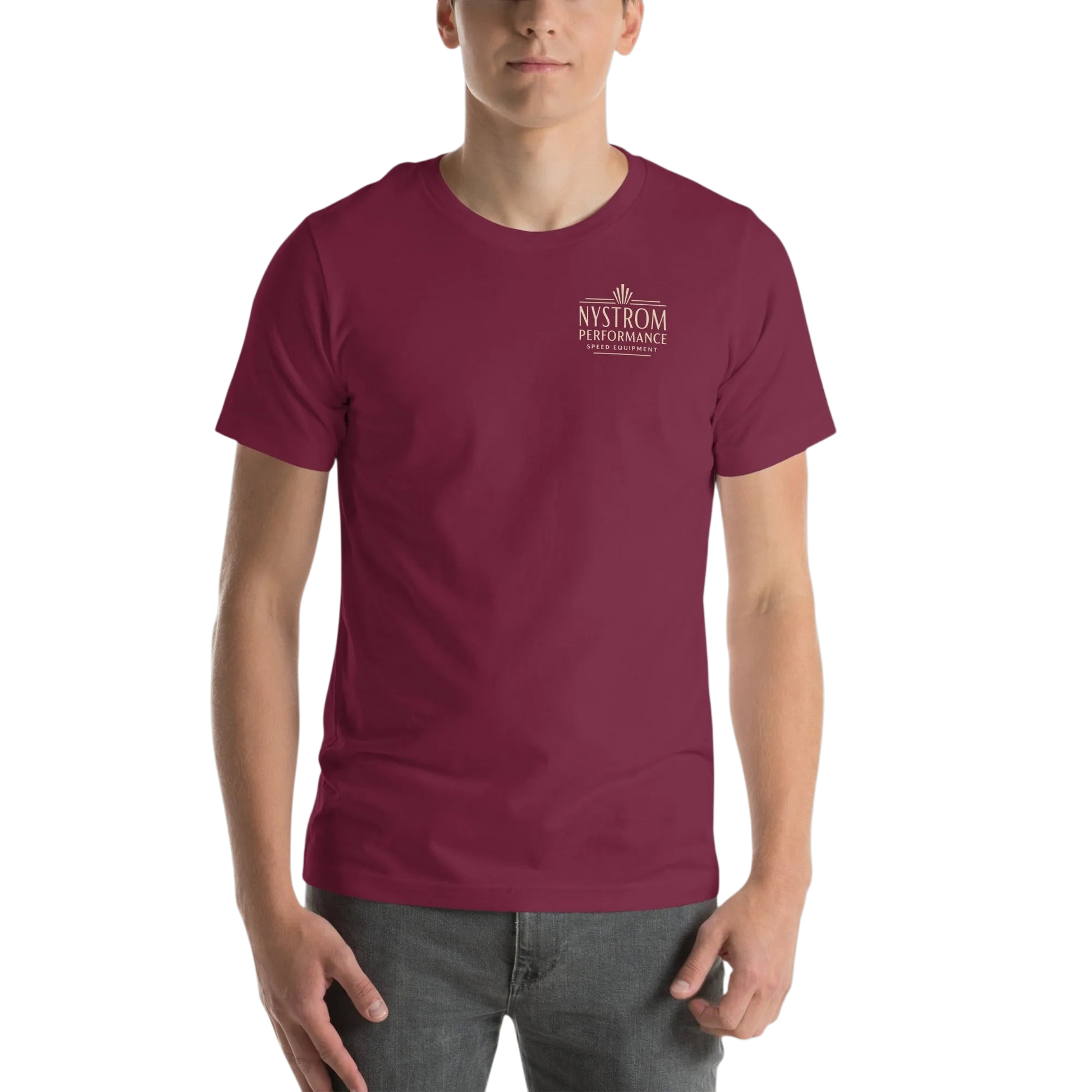 Front view of maroon Supercharged by McCulloch tee featuring small VS57 supercharger script emblem on chest, inspired by vintage supercharger emblem