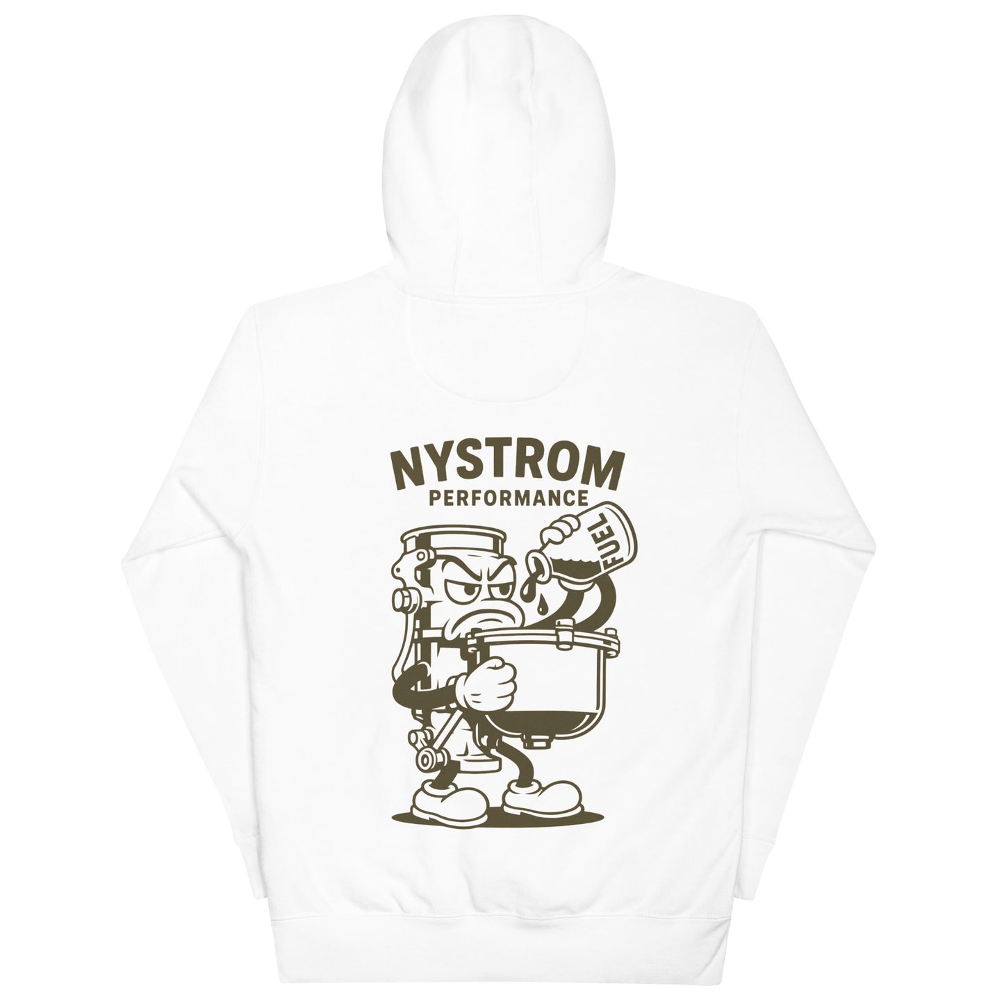 Back view of August Nystrom Animated Carburetor Hoodie featuring Nystrom Performance logo and cartoon carburetor character graphic on soft white cotton-poly blend fleece.