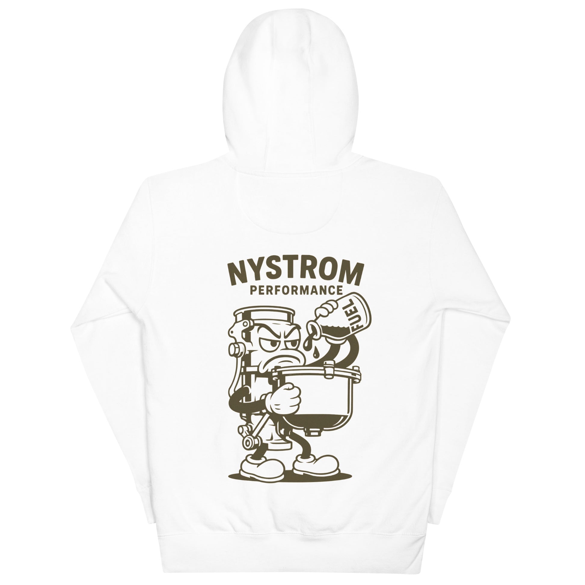 Back view of August Nystrom Animated Carburetor Hoodie featuring Nystrom Performance logo and cartoon carburetor character graphic on soft white cotton-poly blend fleece.