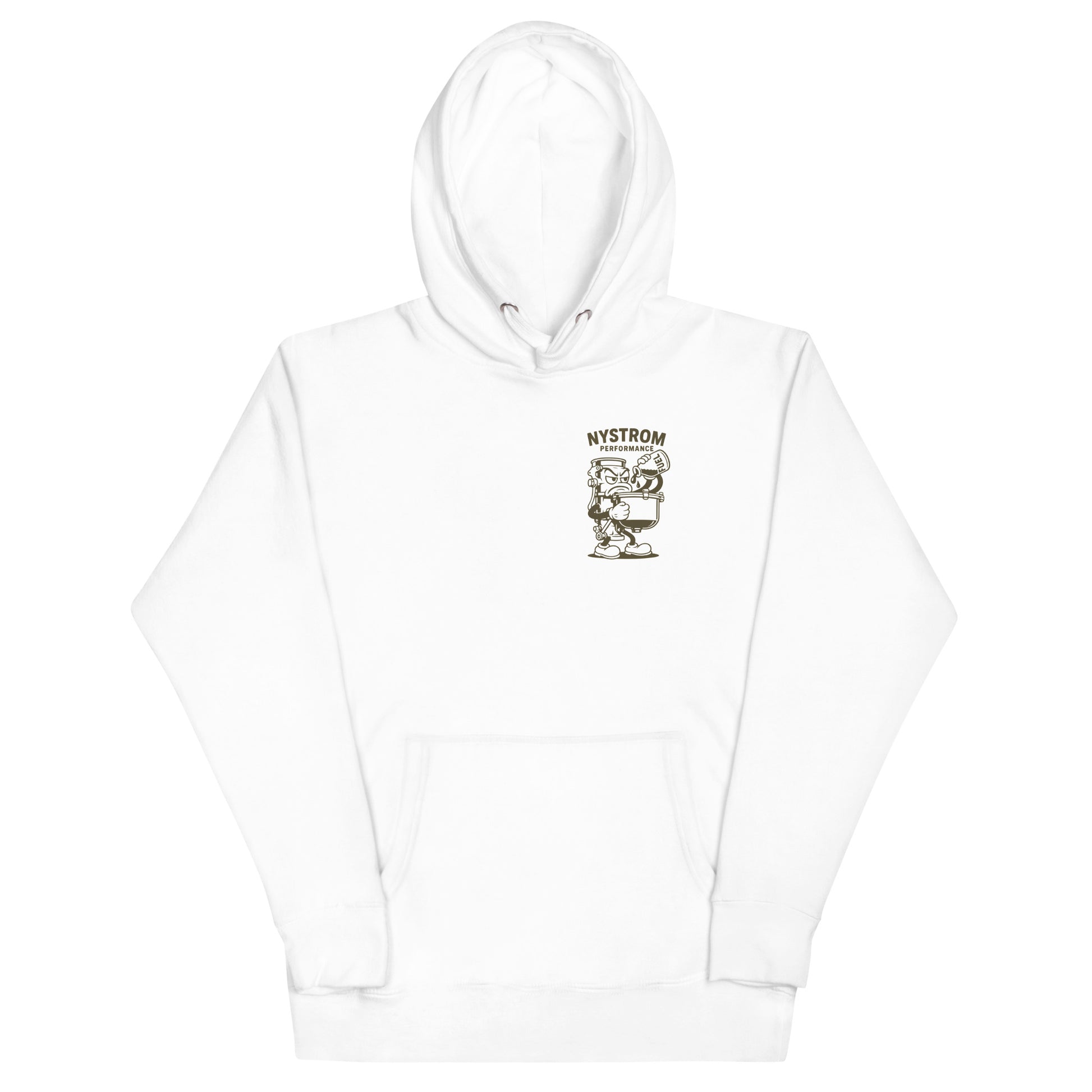 Front view of August Nystrom Animated Carburetor Hoodie in white, featuring small Nystrom Performance logo and cartoon carburetor graphic on chest, soft cotton-poly fleece with front pouch pocket and hood.