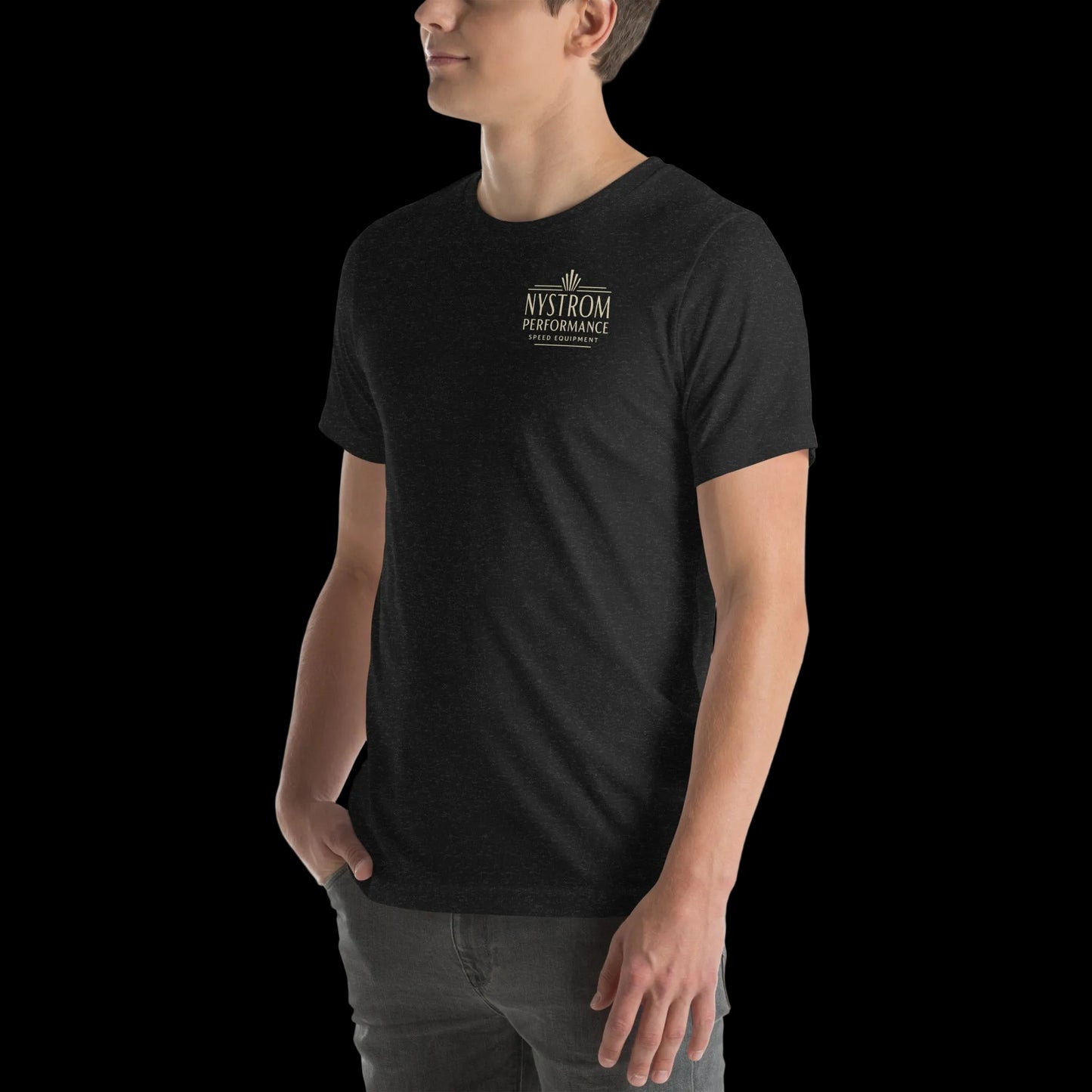 Supercharged by McCulloch T-shirt black heather left front view featuring a small “Nystrom Performance” chest logo printed on a soft cotton tee, showcasing the side profile fit.