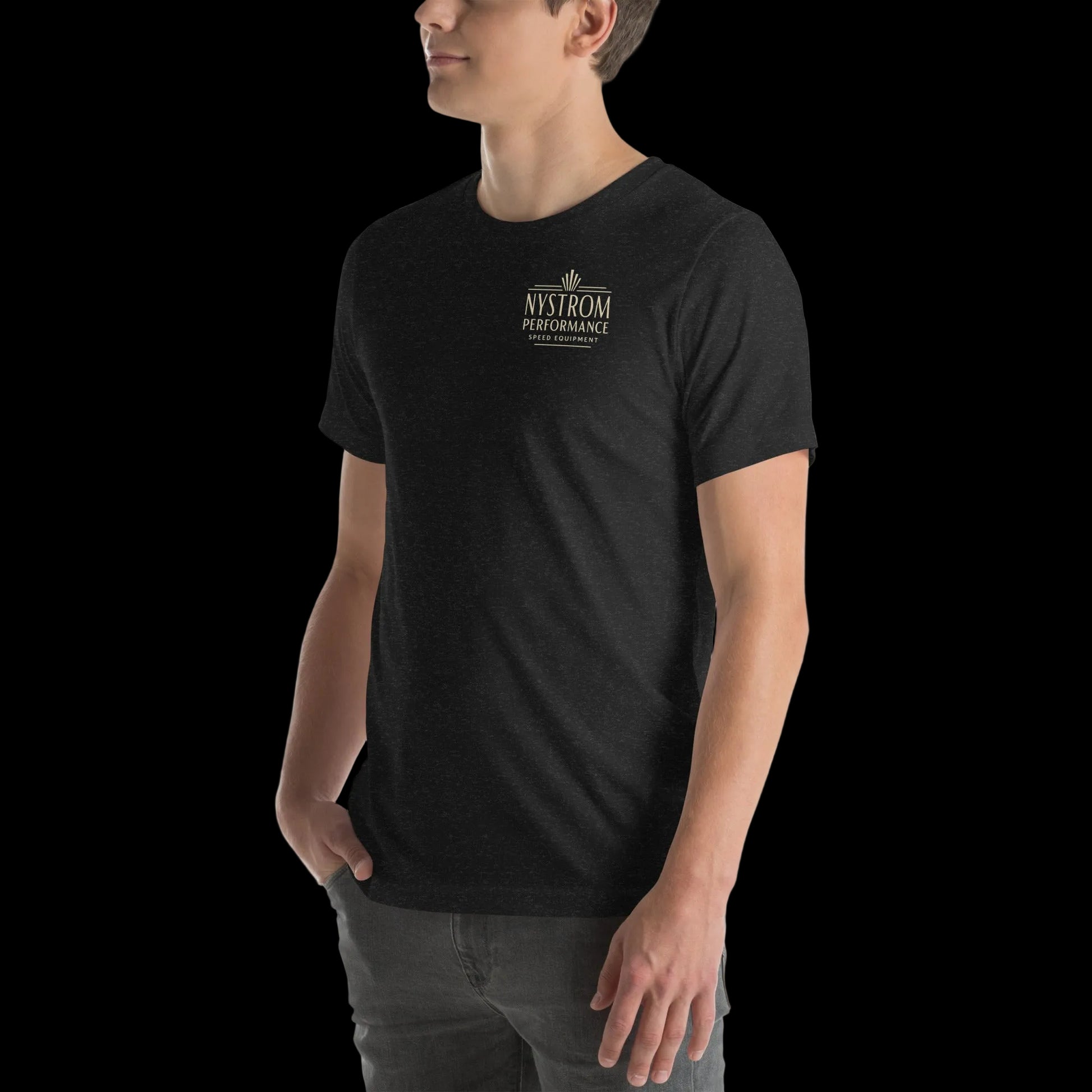 Supercharged by McCulloch T-shirt black heather left front view featuring a small “Nystrom Performance” chest logo printed on a soft cotton tee, showcasing the side profile fit.