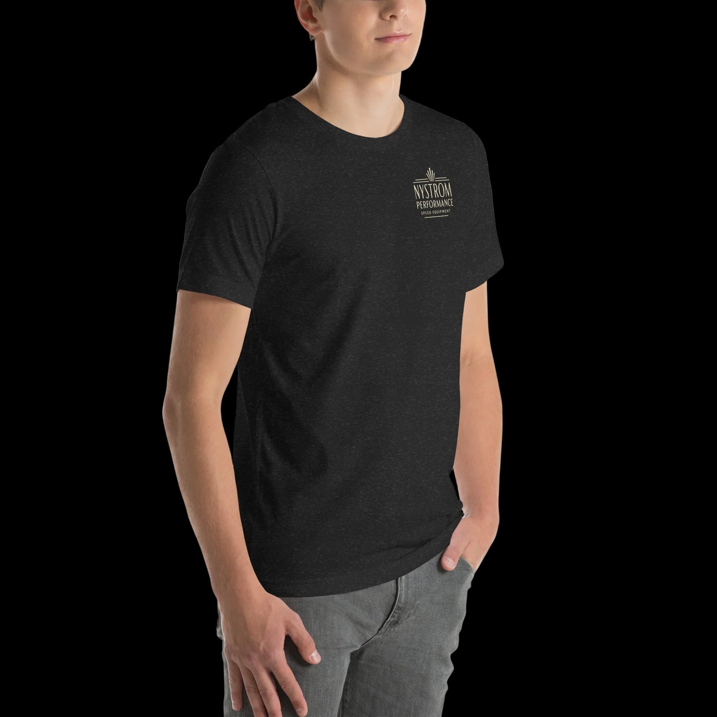 Supercharged by McCulloch T-shirt black heather right front view featuring a small “Nystrom Performance” chest logo on a soft cotton tee, highlighting the side profile fit.