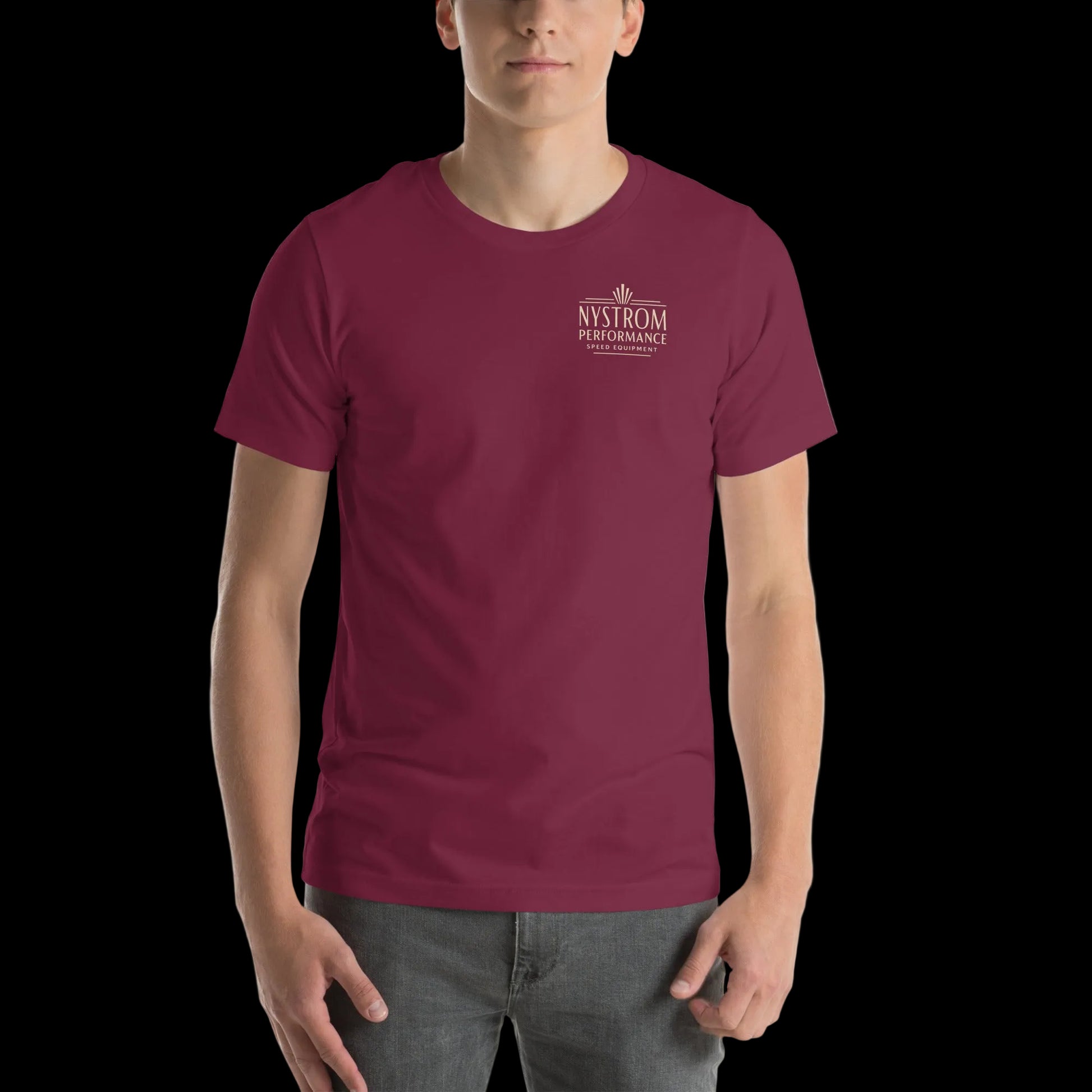 Supercharged by McCulloch T-shirt maroon front view featuring a small “Nystrom Performance” chest logo on a soft cotton tee.