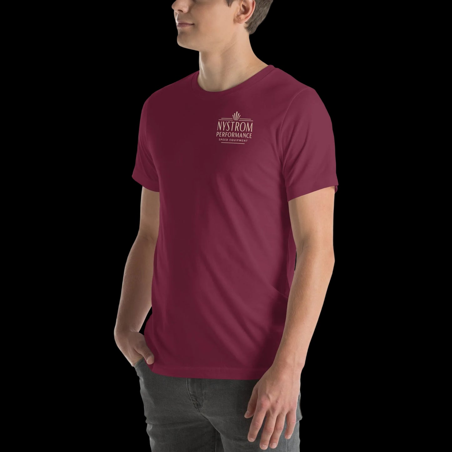 Supercharged by McCulloch T-shirt maroon left front view featuring a small “Nystrom Performance” chest logo on a soft cotton tee, displaying the side profile fit.