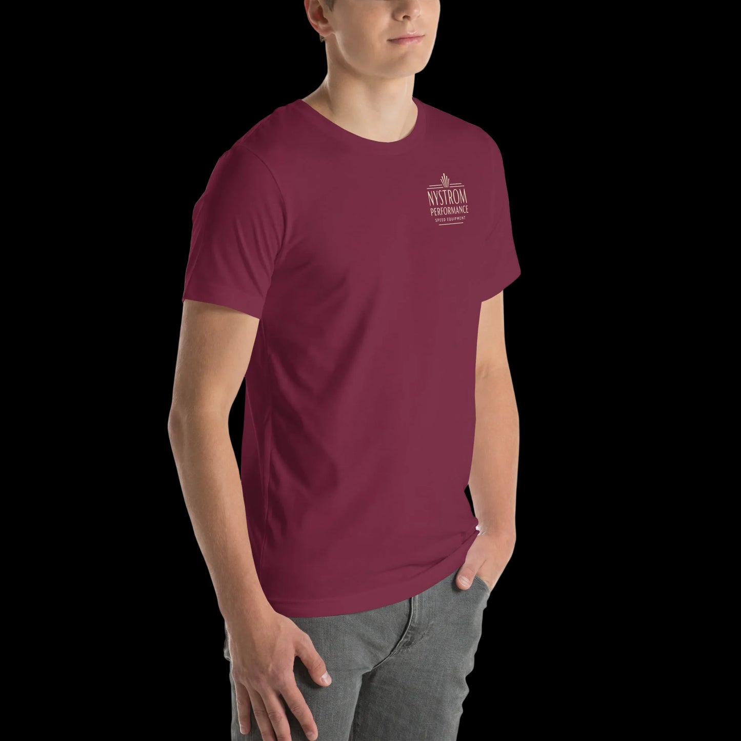 Supercharged by McCulloch T-shirt maroon right front view featuring a small “Nystrom Performance” chest logo on a soft cotton tee, highlighting the side profile fit.