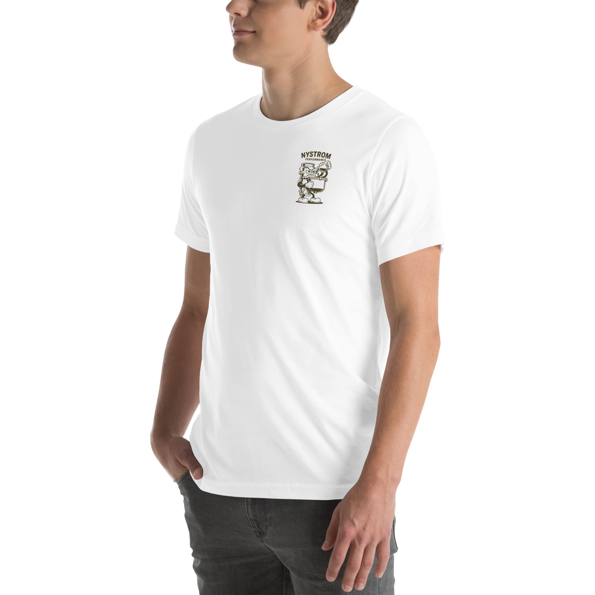Three-quarter front-left view of white August Nystrom Animated Carburetor T-Shirt worn by male model, highlighting small Nystrom Performance logo and cartoon carburetor graphic on chest, soft pre-shrunk combed cotton tee