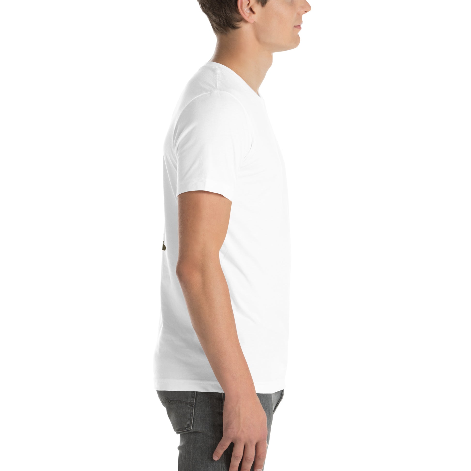 Side view of white August Nystrom Animated Carburetor T-Shirt from right side, male model wearing soft combed cotton tee featuring small Nystrom Performance logo with cartoon carburetor graphic on chest